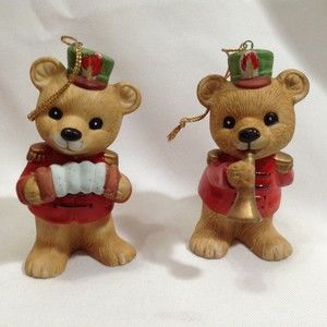 2 Homco Bears Musical Band 4" Christmas Ornaments Accordion Horn 5553 Music